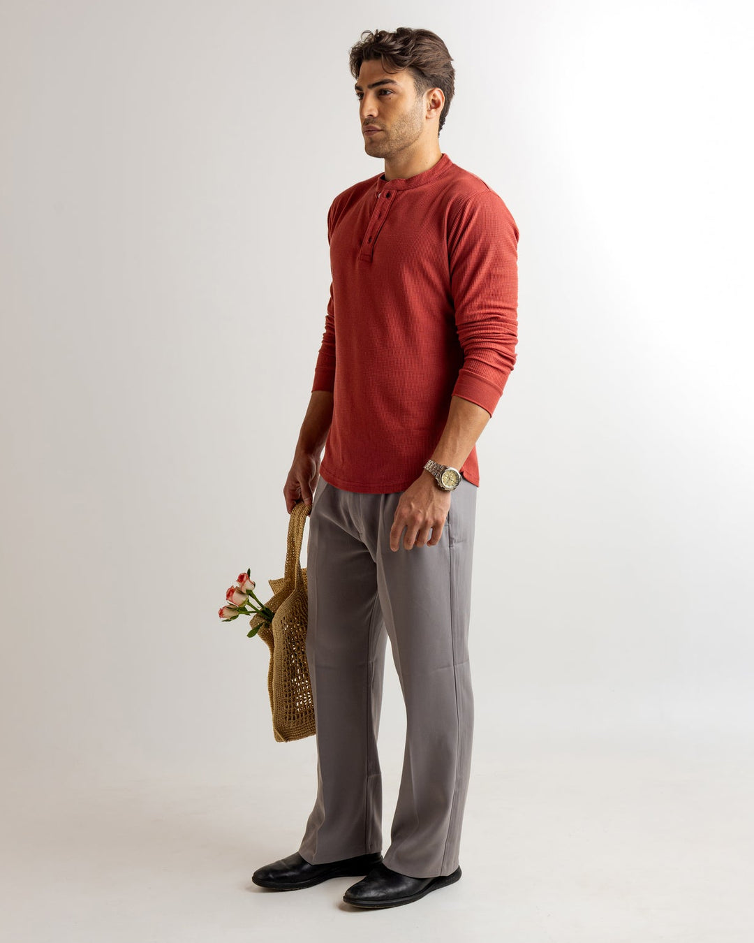 Rust  Waffle Knit Henley Neck T-Shirt
