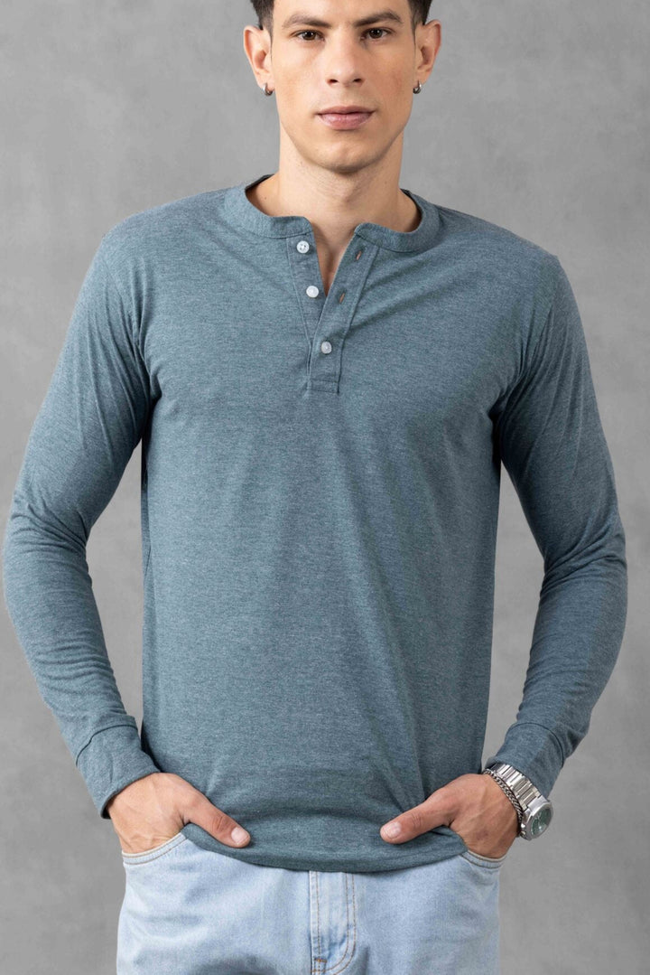Light Green Self Design Henley T-Shirt