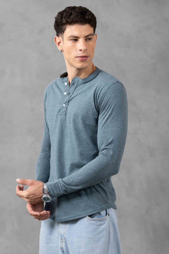 Light Green Self Design Henley T-Shirt