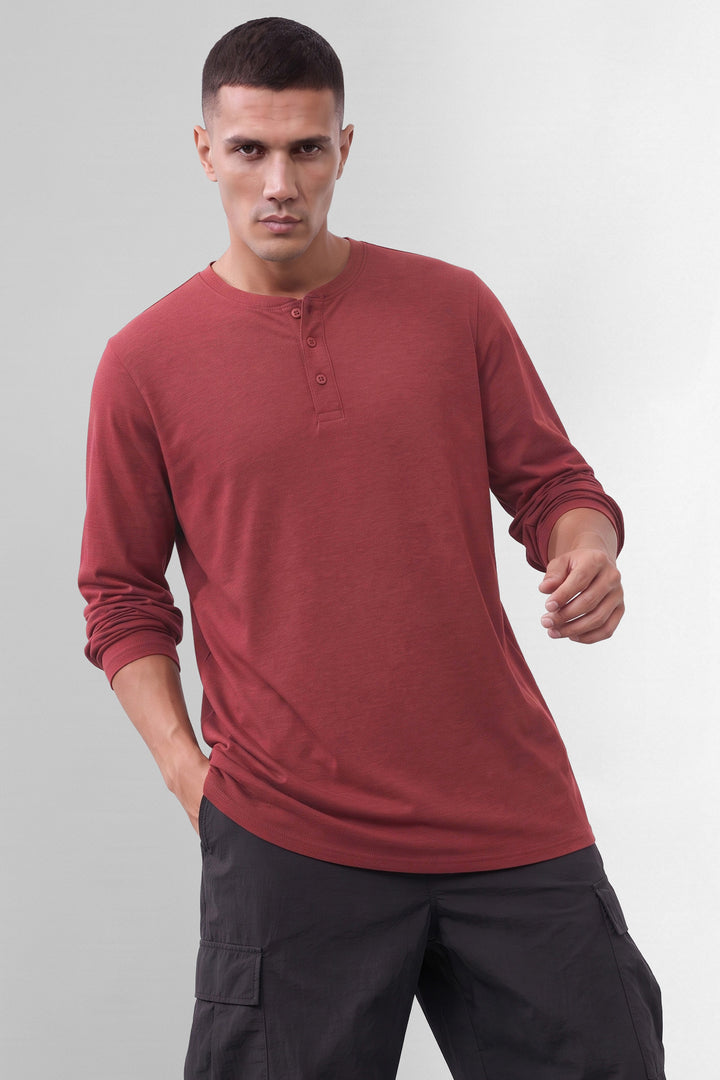 Maroon Cotton Full Sleeve Self Design Henley T-Shirt
