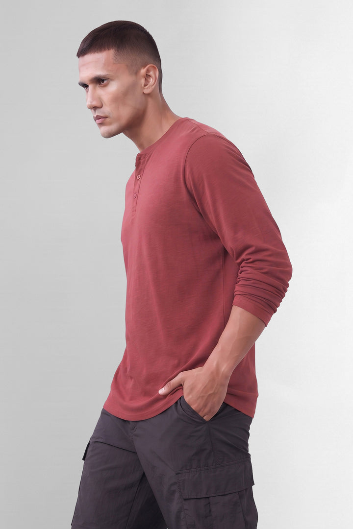 Maroon Cotton Full Sleeve Self Design Henley T-Shirt