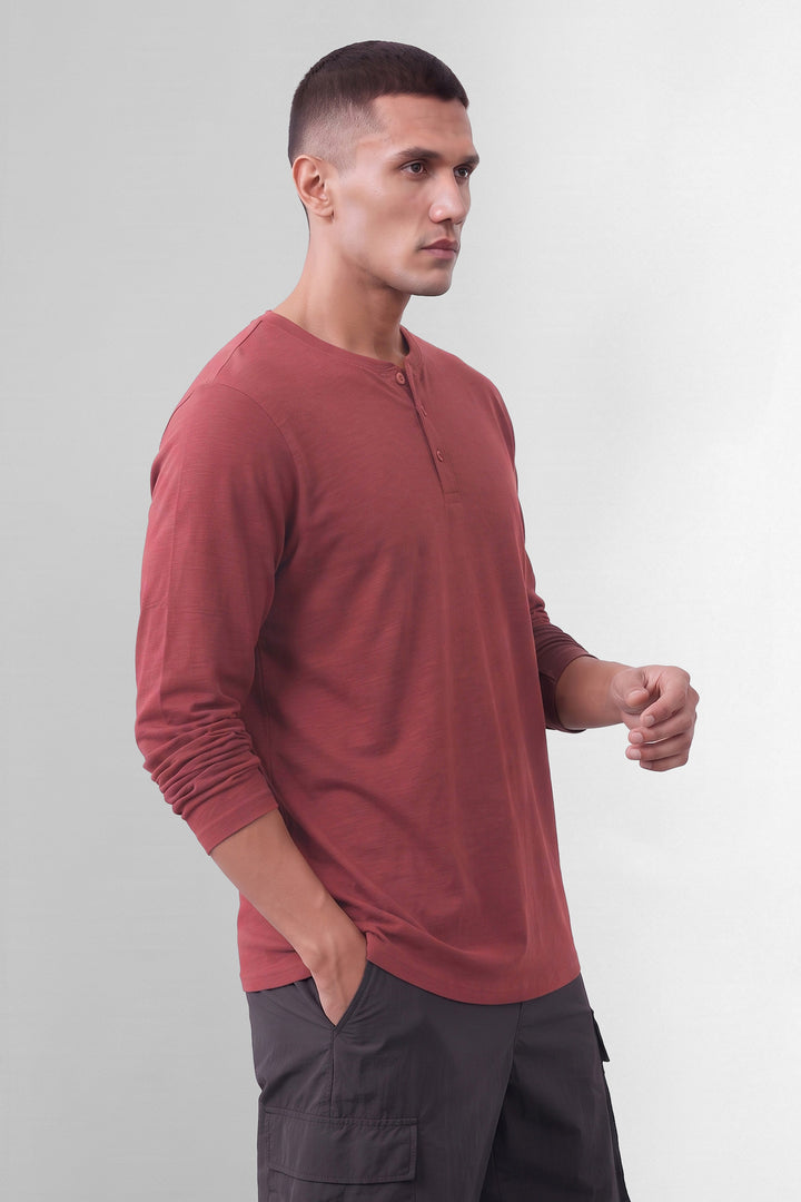Maroon Cotton Full Sleeve Self Design Henley T-Shirt