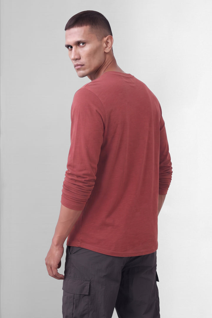 Maroon Cotton Full Sleeve Self Design Henley T-Shirt