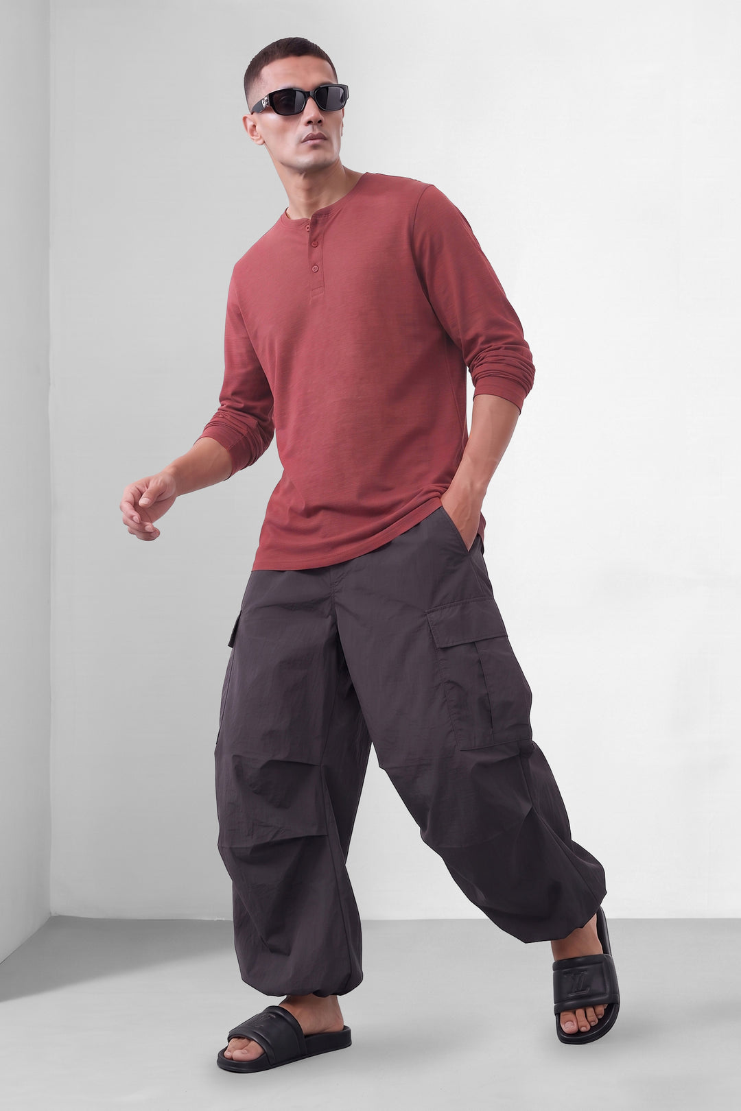 Maroon Cotton Full Sleeve Self Design Henley T-Shirt