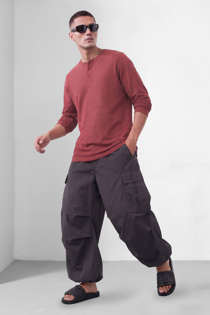 Maroon Cotton Full Sleeve Self Design Henley T-Shirt