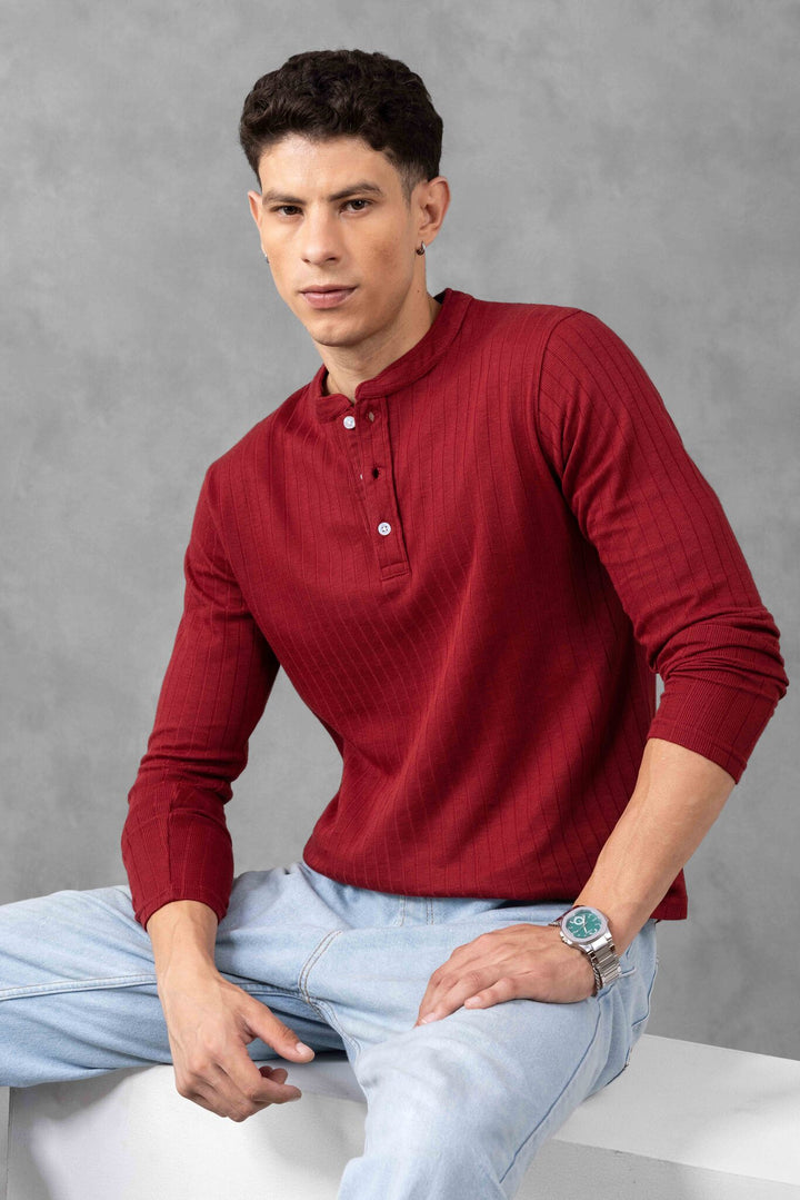 Maroon Self Design Full Sleeve Henley T-Shirt