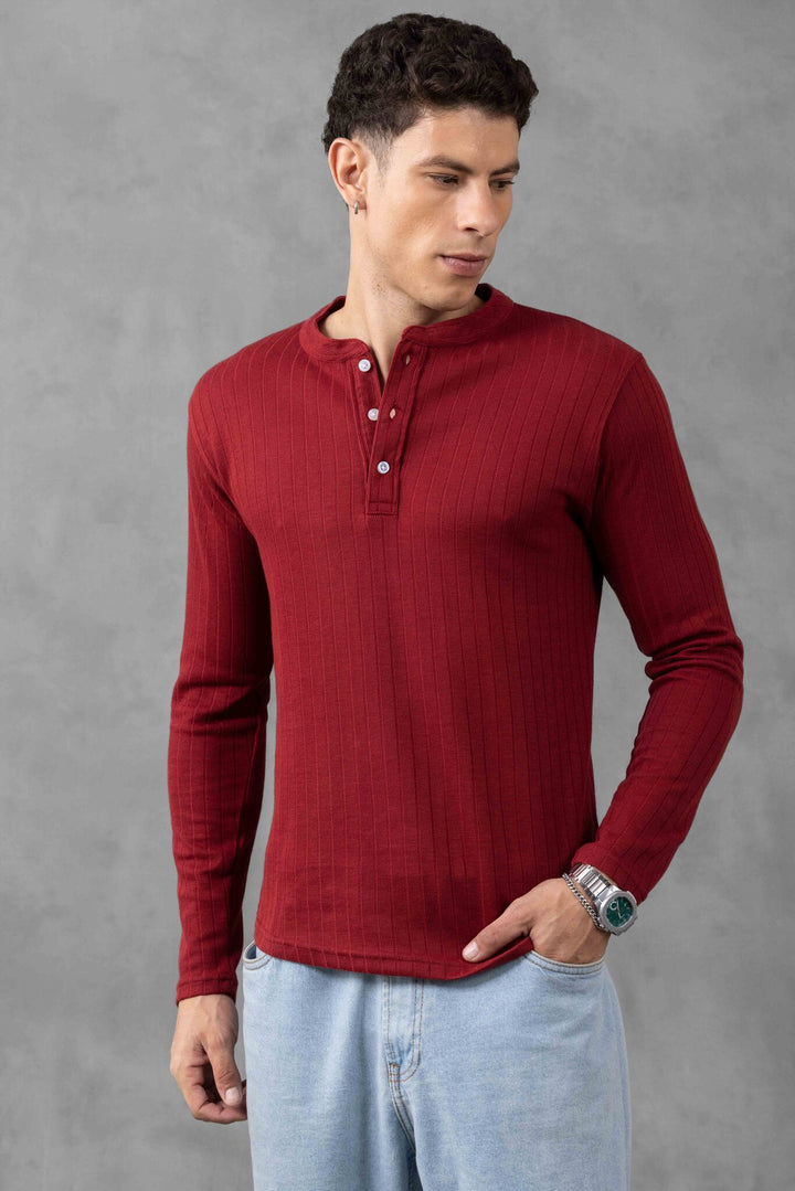 Maroon Self Design Full Sleeve Henley T-Shirt