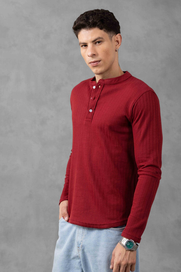 Maroon Self Design Full Sleeve Henley T-Shirt