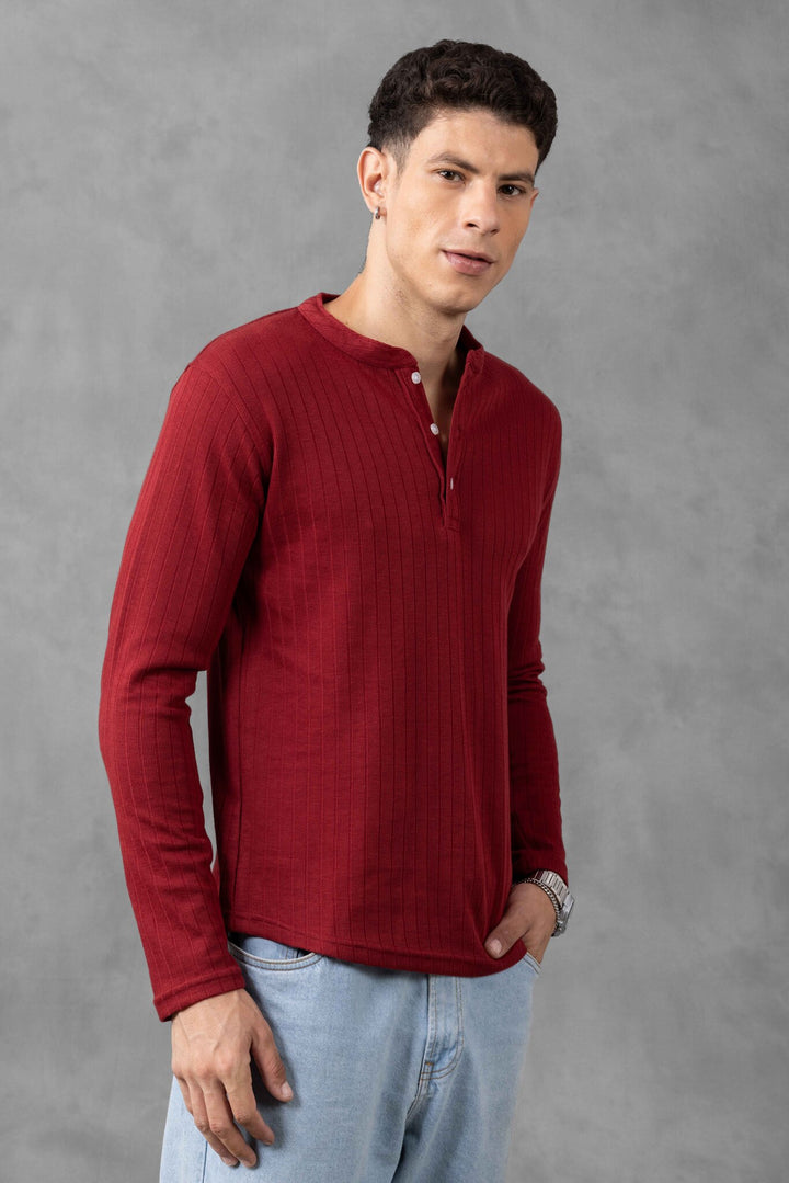 Maroon Self Design Full Sleeve Henley T-Shirt