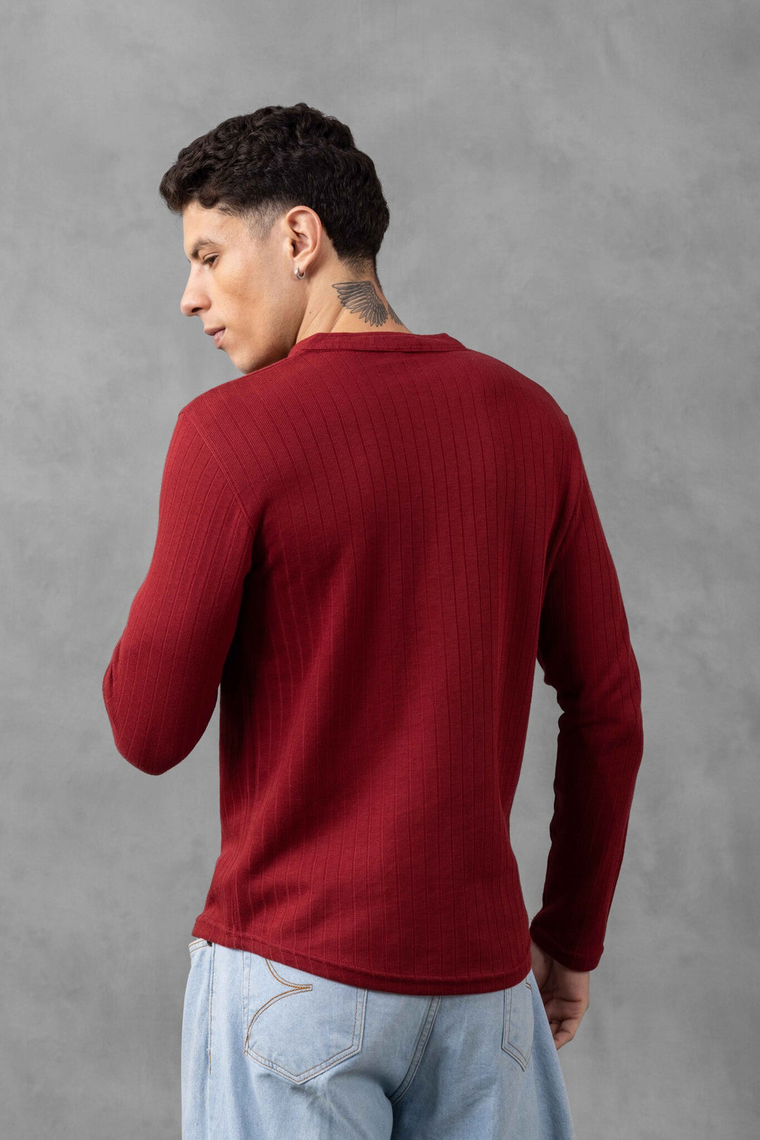 Maroon Self Design Full Sleeve Henley T-Shirt