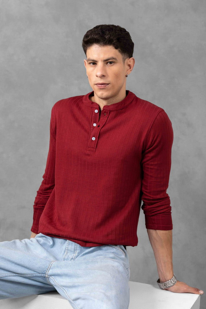 Maroon Self Design Full Sleeve Henley T-Shirt