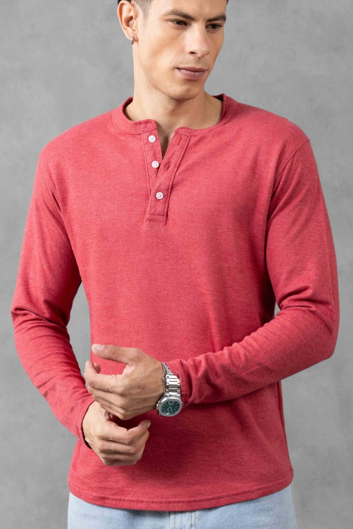 Pink Full Sleeve Self Design Henley Neck T-Shirt