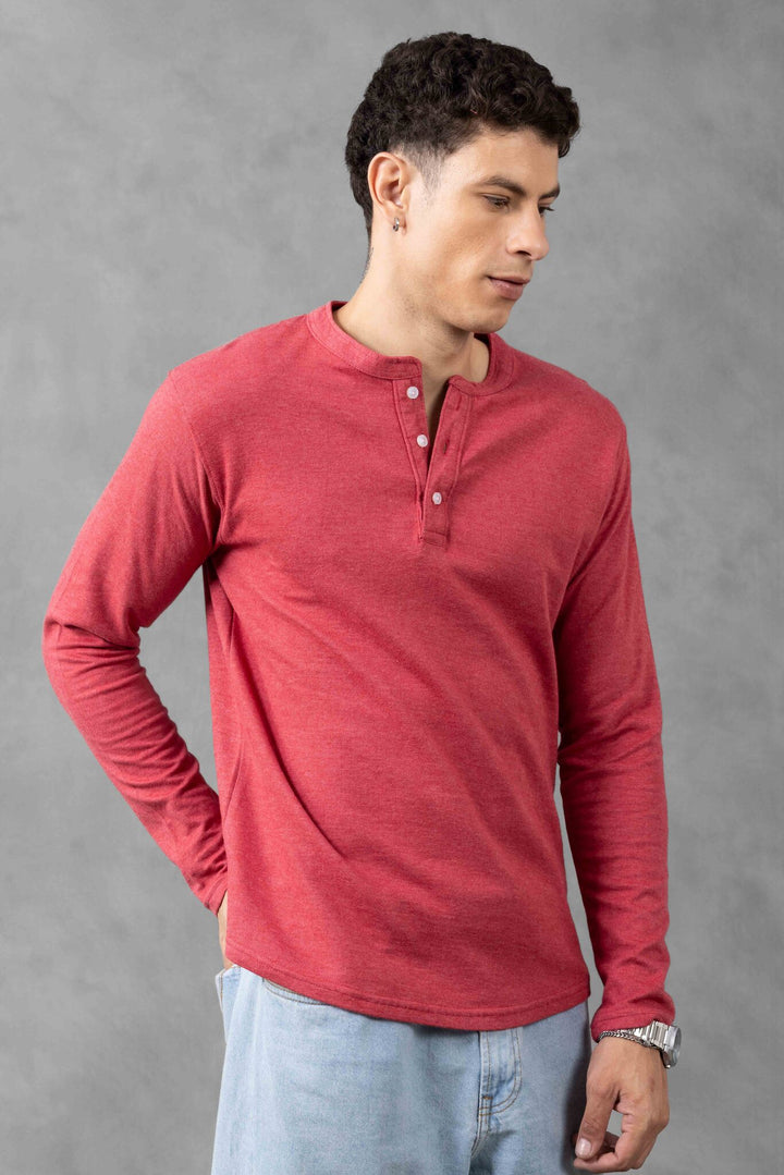 Pink Full Sleeve Self Design Henley Neck T-Shirt
