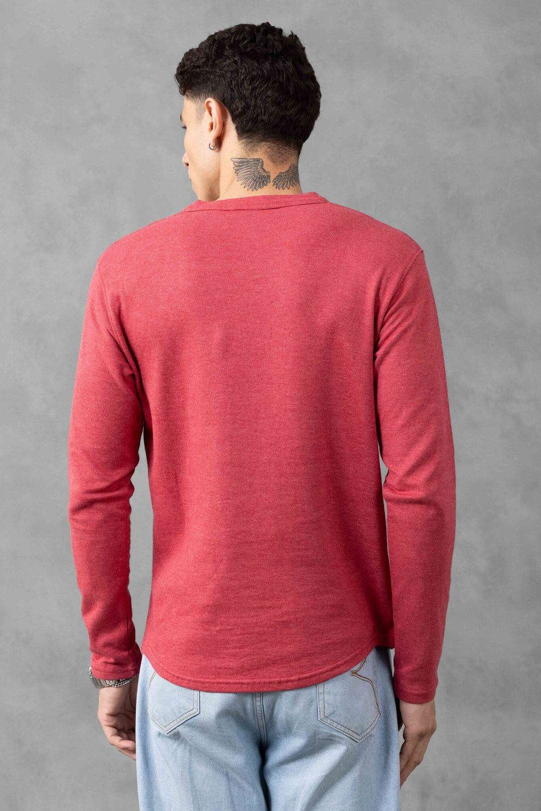 Pink Full Sleeve Self Design Henley Neck T-Shirt