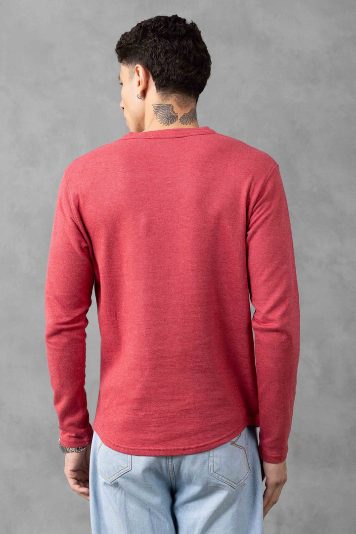 Pink Full Sleeve Self Design Henley Neck T-Shirt