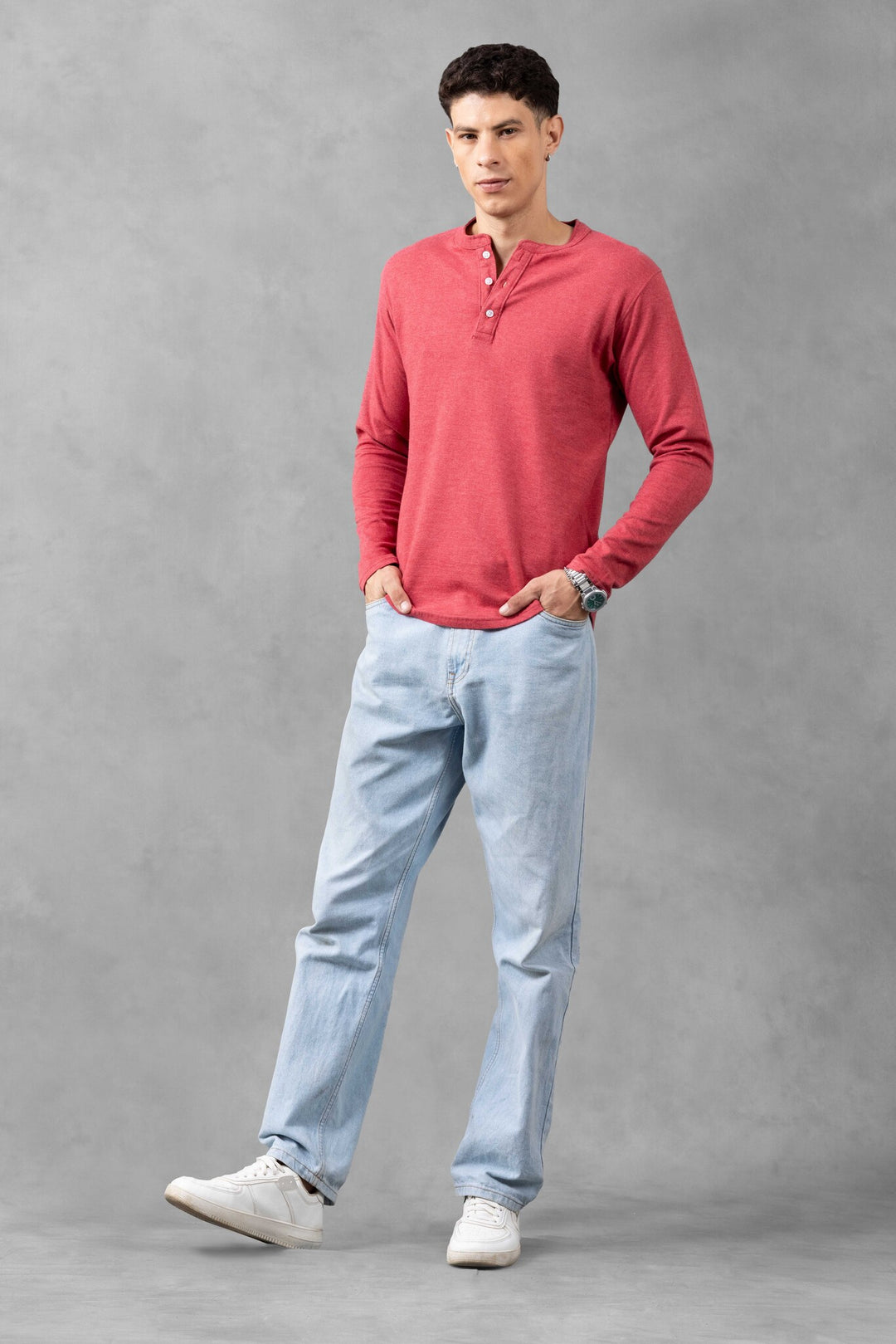 Pink Full Sleeve Self Design Henley Neck T-Shirt