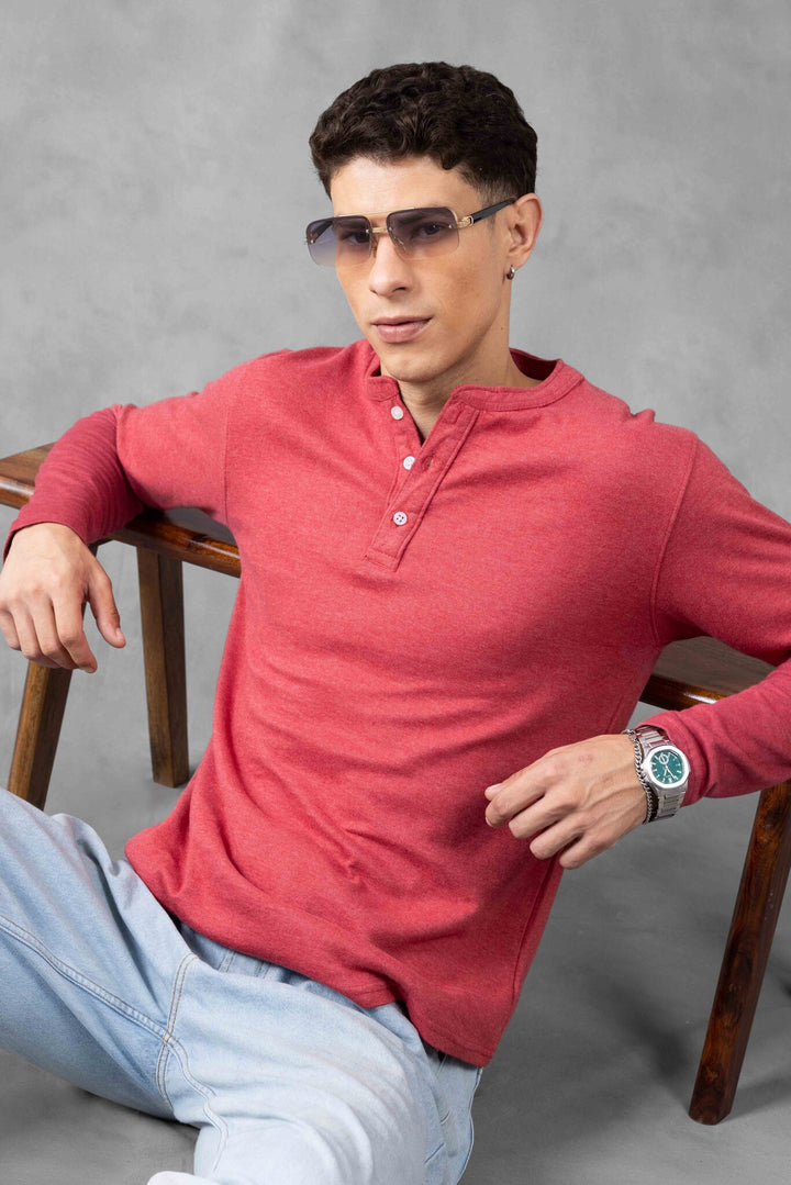 Pink Full Sleeve Self Design Henley Neck T-Shirt