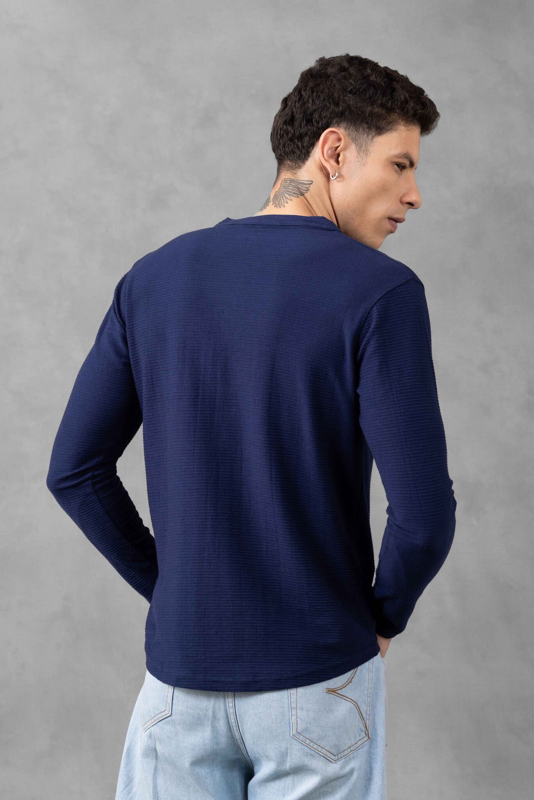 Navy Ottoman Self Design Henley T-Shirt