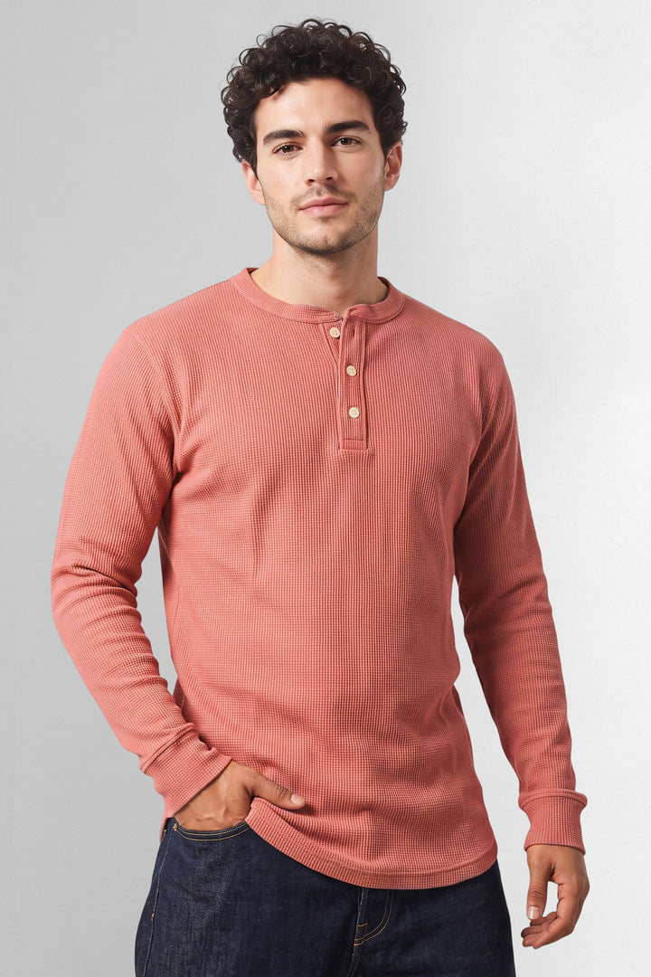 Onion Pink Waffle-Knit Long Sleeve Henley T-Shirt