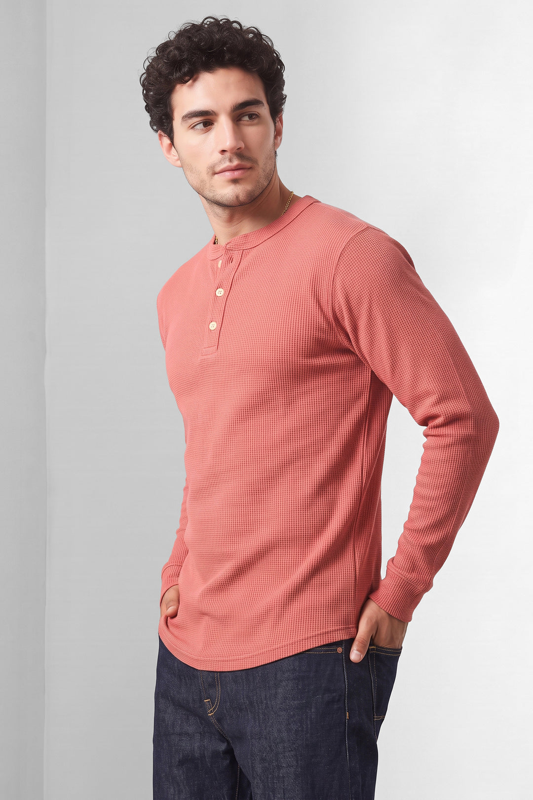 Onion Pink Waffle-Knit Long Sleeve Henley T-Shirt