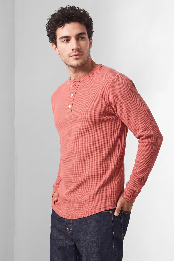 Onion Pink Waffle-Knit Long Sleeve Henley T-Shirt