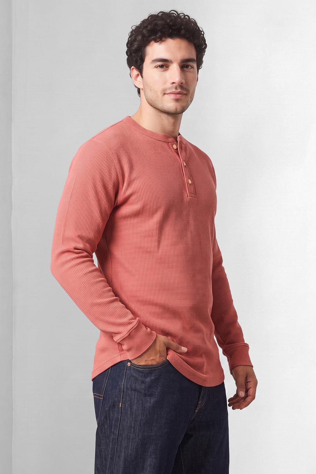 Onion Pink Waffle-Knit Long Sleeve Henley T-Shirt