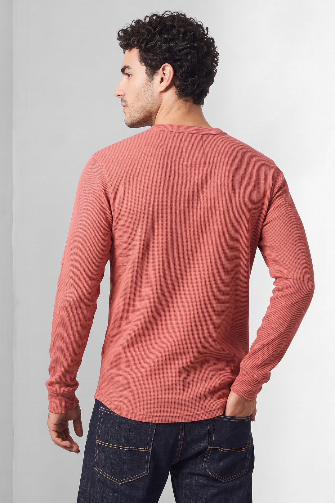 Onion Pink Waffle-Knit Long Sleeve Henley T-Shirt