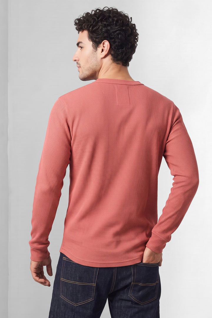 Onion Pink Waffle-Knit Long Sleeve Henley T-Shirt