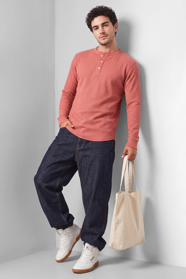 Onion Pink Waffle-Knit Long Sleeve Henley T-Shirt