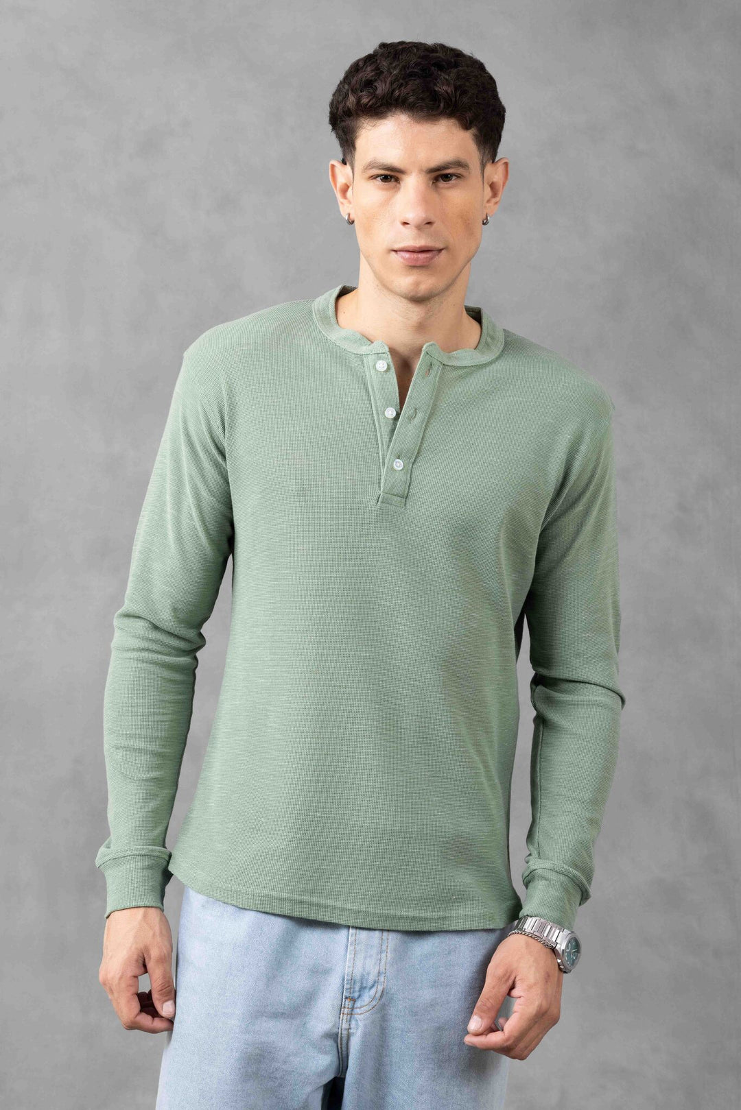 Green Self Design Henley Neck T-Shirt