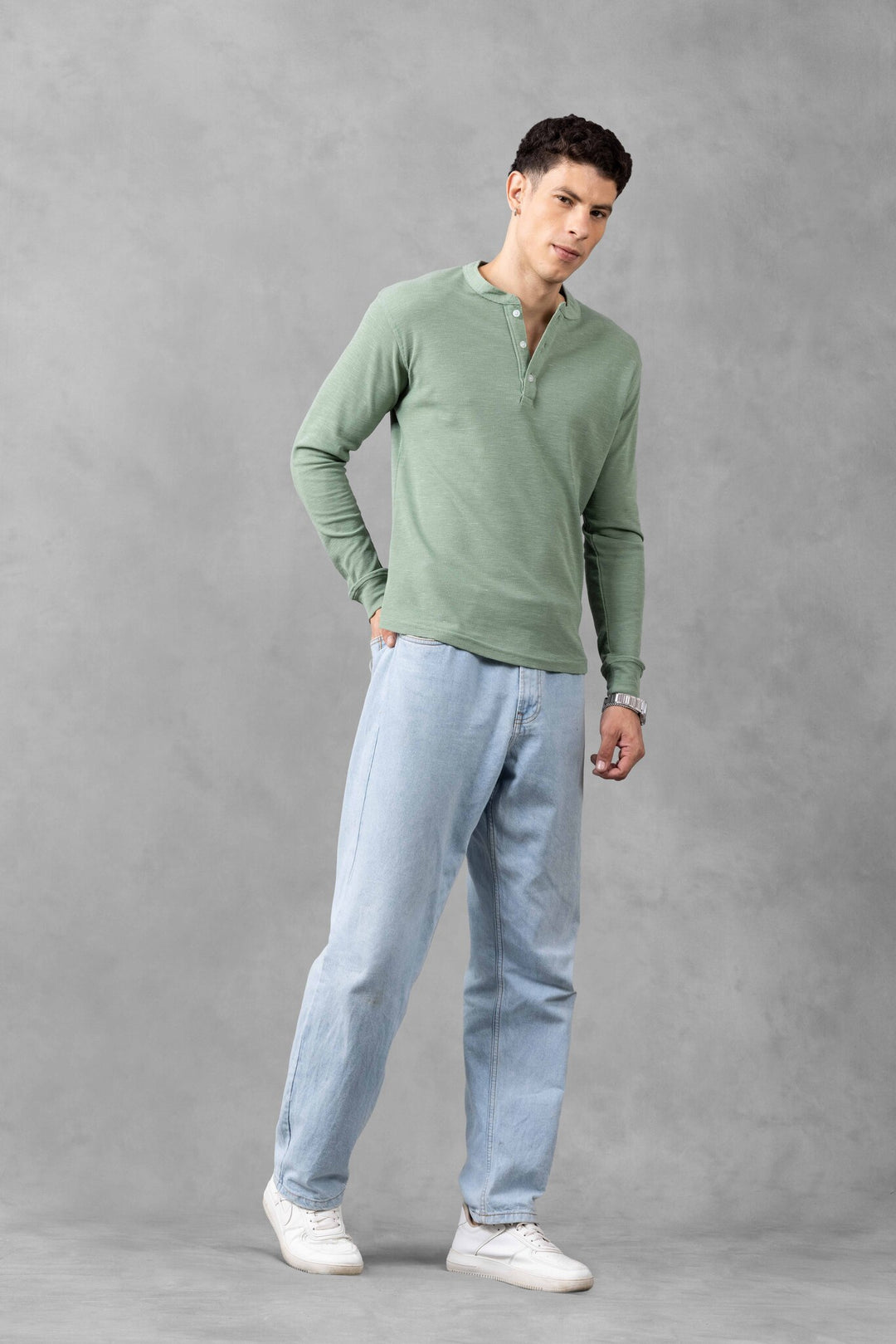 Green Self Design Henley Neck T-Shirt