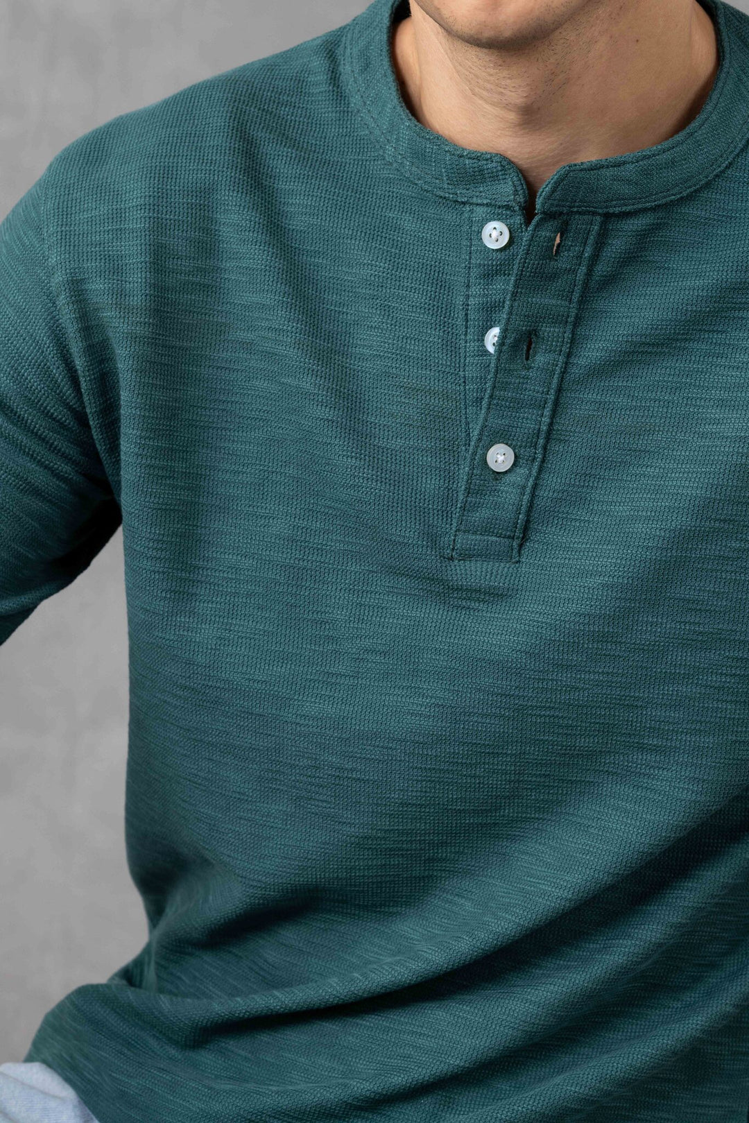 Dark Green Self Design Henley T-Shirt