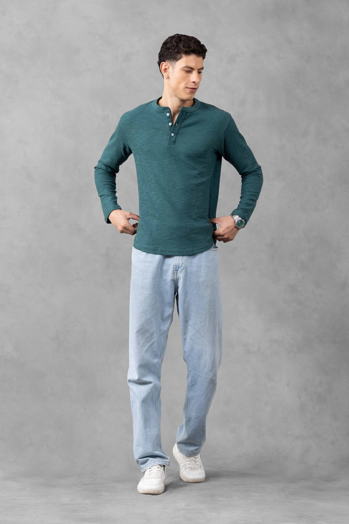 Dark Green Self Design Henley T-Shirt