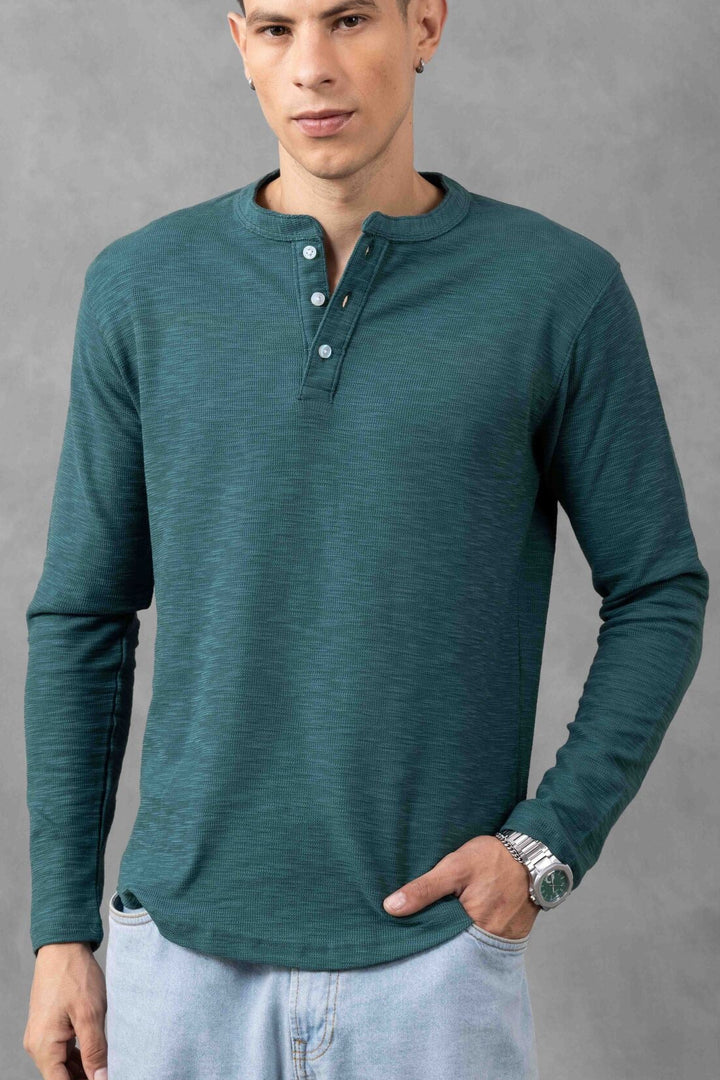 Dark Green Self Design Henley T-Shirt