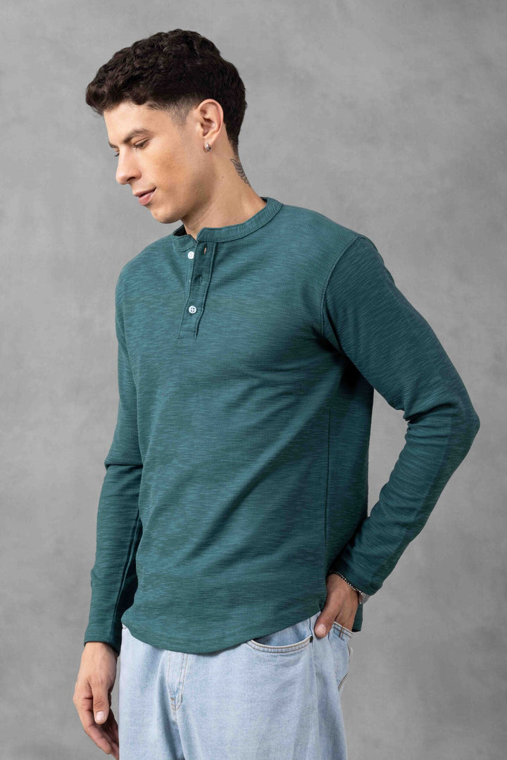 Dark Green Self Design Henley T-Shirt