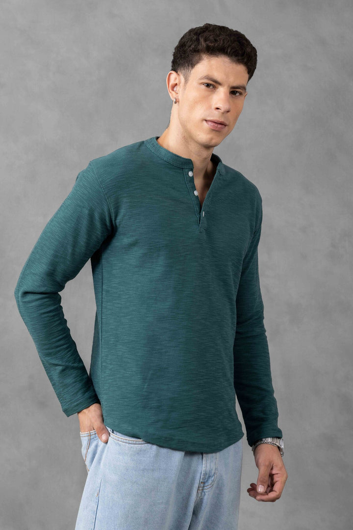 Dark Green Self Design Henley T-Shirt