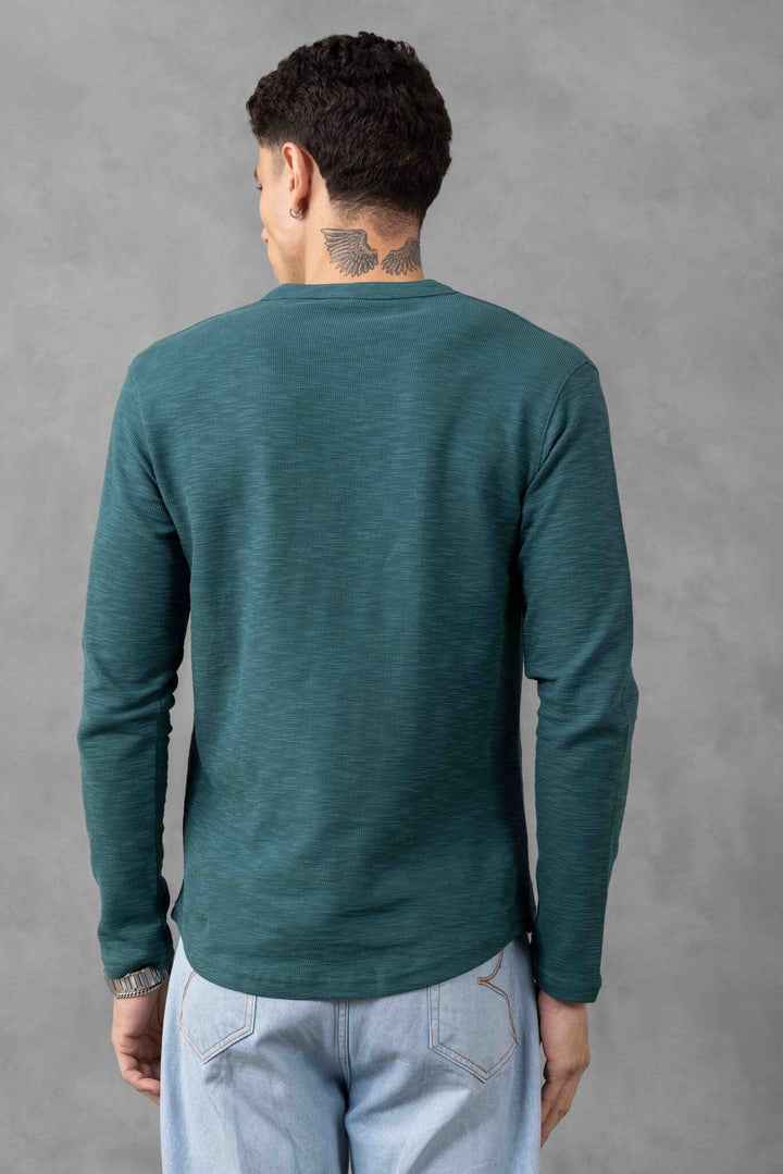 Dark Green Self Design Henley T-Shirt