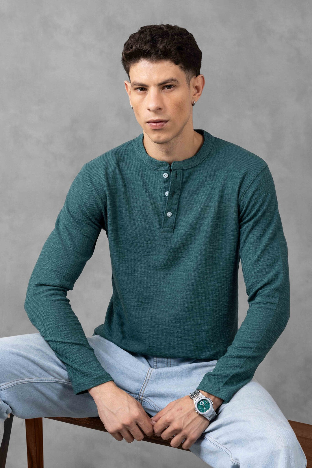 Dark Green Self Design Henley T-Shirt
