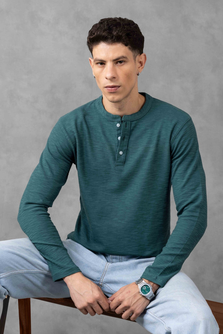 Dark Green Self Design Henley T-Shirt
