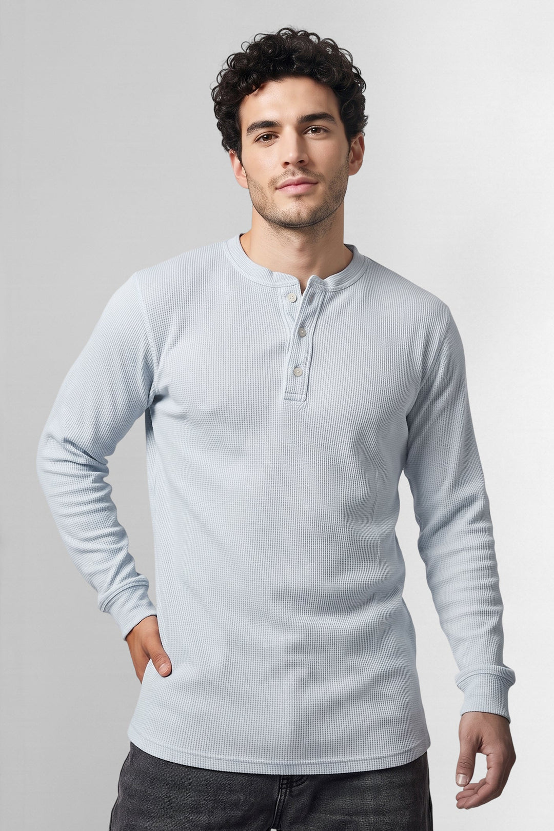 Sky Blue Waffle-Knit Long Sleeve Henley T-Shirt