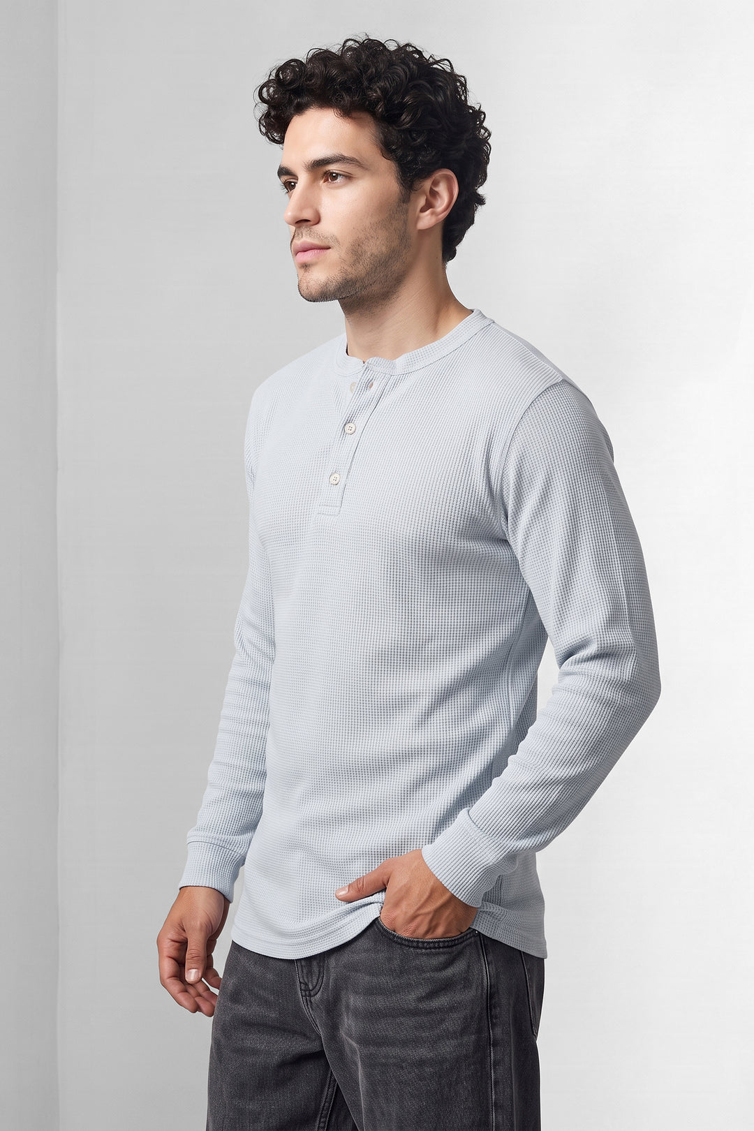 Sky Blue Waffle-Knit Long Sleeve Henley T-Shirt