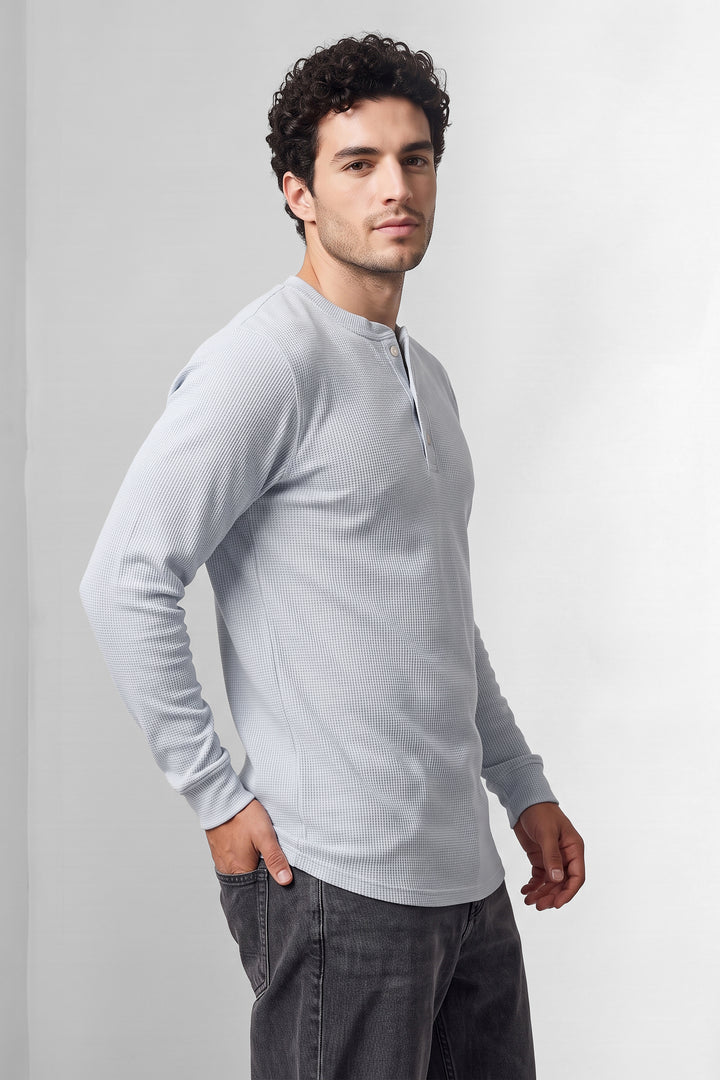 Sky Blue Waffle-Knit Long Sleeve Henley T-Shirt