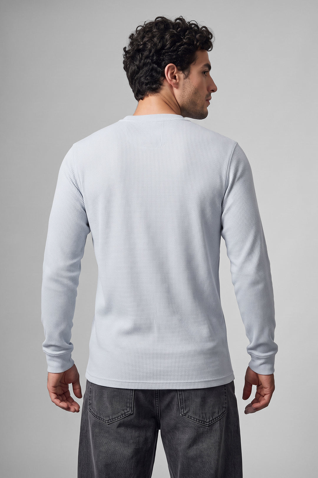 Sky Blue Waffle-Knit Long Sleeve Henley T-Shirt