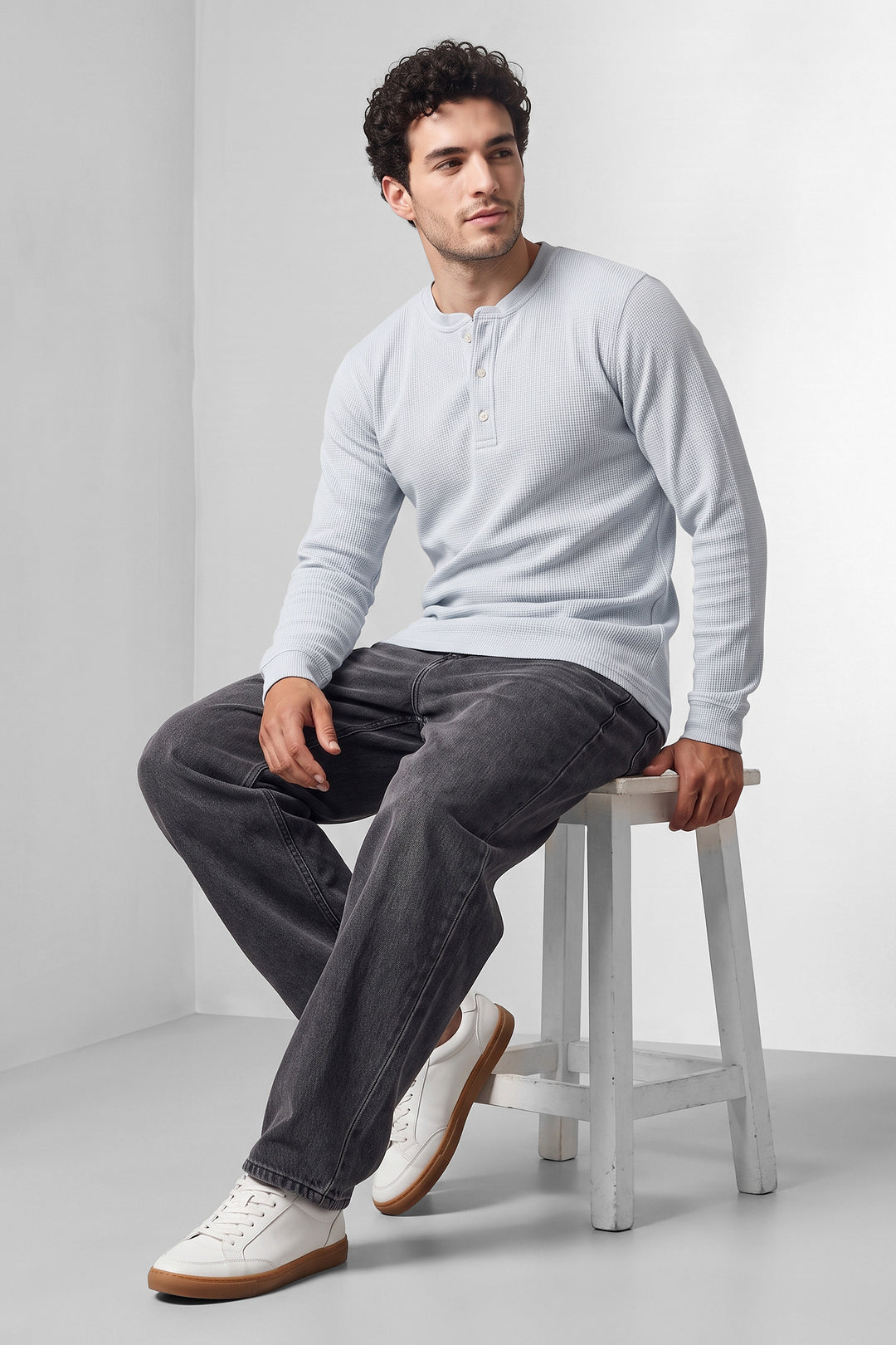 Sky Blue Waffle-Knit Long Sleeve Henley T-Shirt
