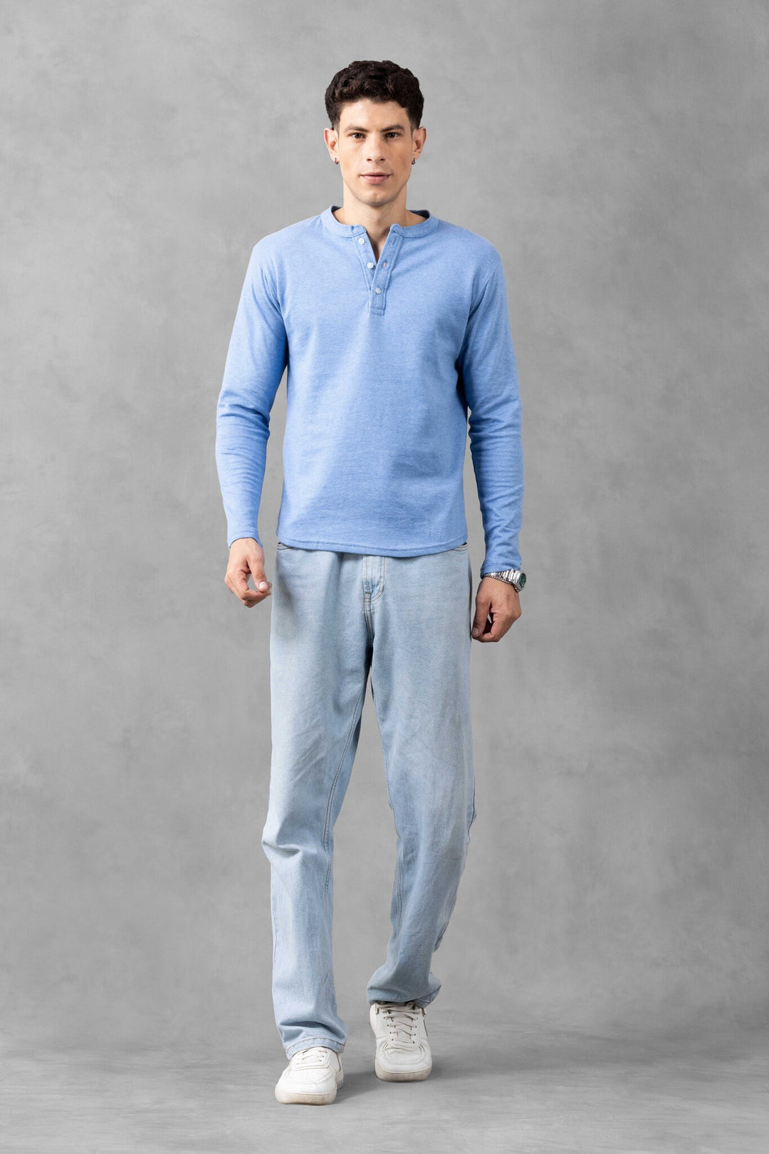 Blue Self Design Henley T-Shirt
