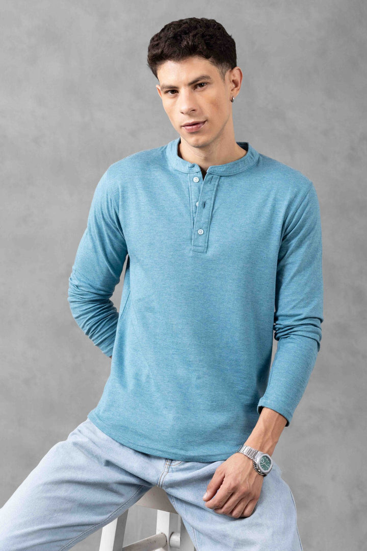 Green Full Sleeve Self Design Henley T-Shirt