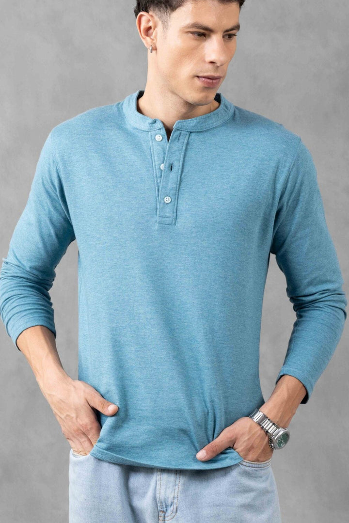 Green Full Sleeve Self Design Henley T-Shirt
