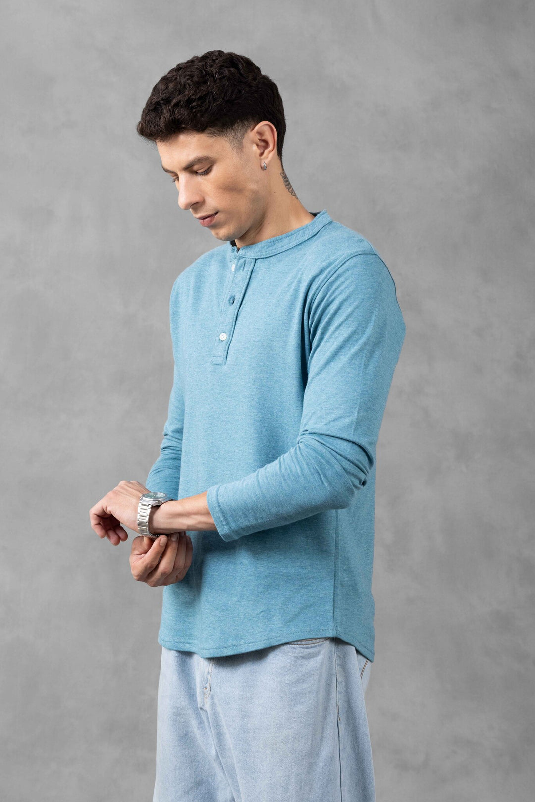 Green Full Sleeve Self Design Henley T-Shirt
