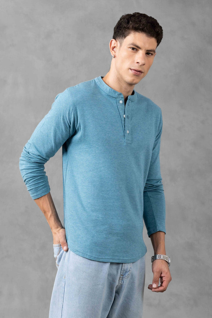 Green Full Sleeve Self Design Henley T-Shirt