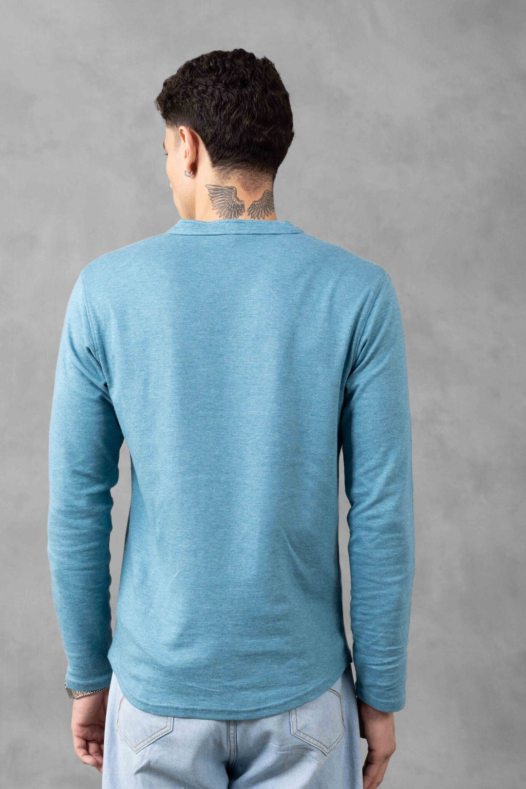 Green Full Sleeve Self Design Henley T-Shirt